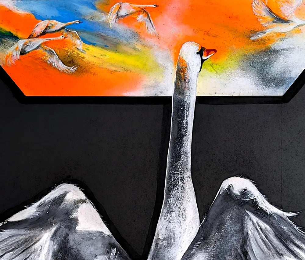 Detailaufnahme Aufbruch – Flammendes Firmament in Orange, Gold und Himmelblau, Schwäne im Flug, Ute Kleist | Kunst-Direkt.de