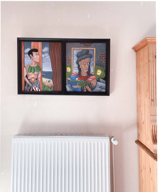 Oelgemaelde auf HDF Platte von Jochen Meyer, 2 Männer in Trachten, Surreal, 57 x 90 cm, Jochen Meyer, Kunst-Direkt.de, an wand hängend