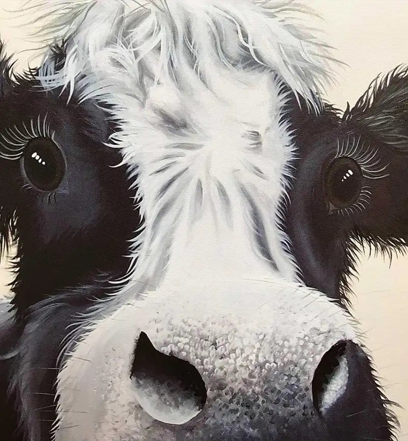 Freundliche Kuh, gemalt, schwarz weiß, Detail der Kuh mit Augen