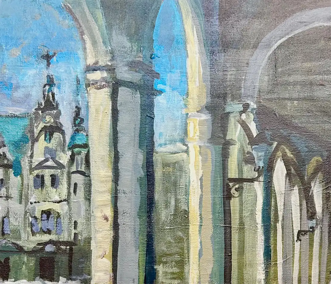 Original Hamburg Gemälde der Alster-Arkaden von Dea (Andrea) Theinert: Impressionistische Szene mit Blick auf das Rathaus, Café-Besucher unter den weißen Rundbögen, 80x60 cm in lebendiger Spachteltechnik. detail rathaus