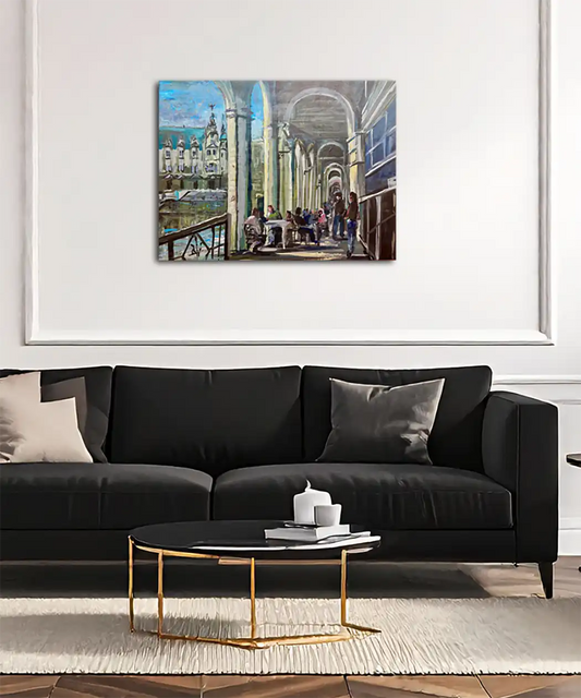 Original Hamburg Gemälde der Alster-Arkaden von Dea (Andrea) Theinert: Impressionistische Szene mit Blick auf das Rathaus, Café-Besucher unter den weißen Rundbögen, 80x60 cm in lebendiger Spachteltechnik. an wand hängend