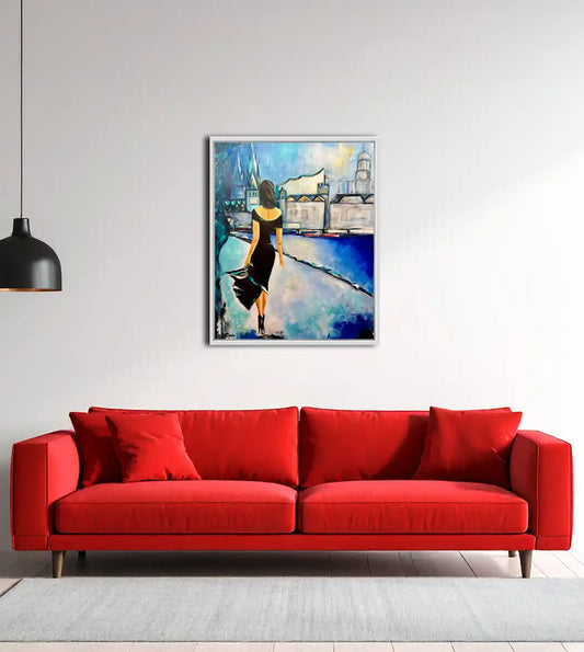 Modernes Hamburg Gemälde Ballindamm Claudia von Künstlerin Dea: Frau im schwarzen Kleid vor der Alster-Kulisse mit Elbphilharmonie, 80x100 cm in weißer Schattenfuge, an Wand hängend