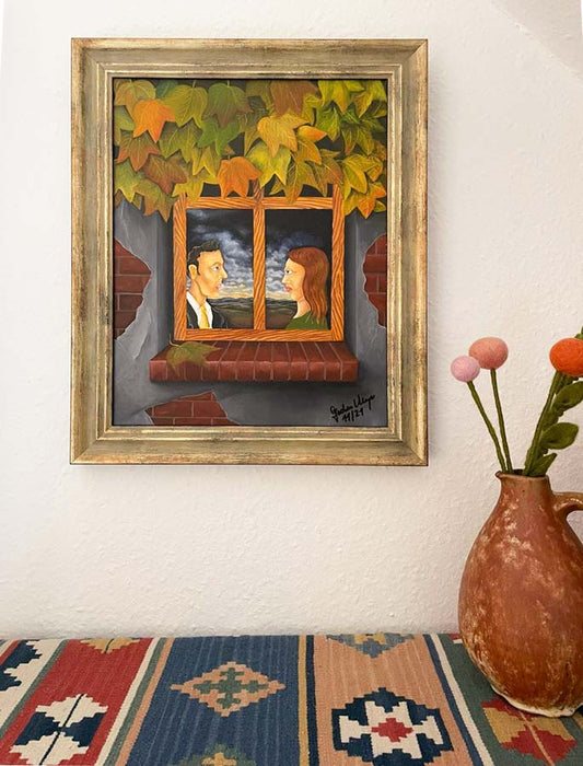 zwei Personen schauen sich an, Herbstblätter, Ölgemälde auf HDF Platte , Jochen Meyer, 47 x 37 cm, Kunst-Direkt.de, hängend