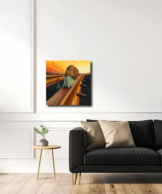 Die Schokoladenblume von Julia Eckler an der Wand – Surrealistisches Ölgemälde, 70x70 cm, Öl auf Leinwand | Kunst-Direkt.de