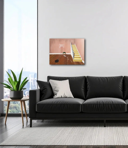 Die fehlende Tür, Gemälde 80 x 60 cm, eine Treppe führt nach oben gegen eine Wand, Detailansicht, an wand hängend, julia Eckler, Kunst-Direkt.de