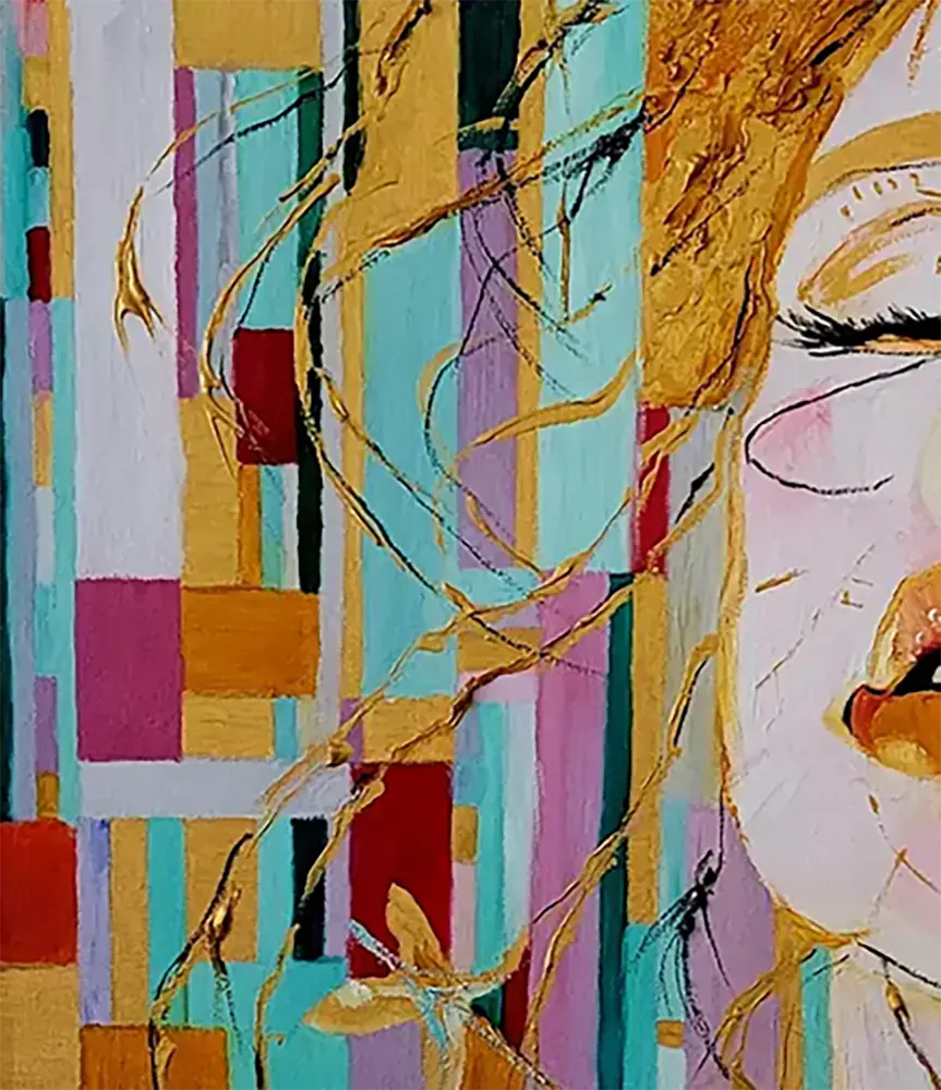 Detailaufnahme Das Goldmädchen – Sakrale Farbfelder und dynamische Linien, Ölgemälde Roger Ziereisen | Kunst-Direkt.de