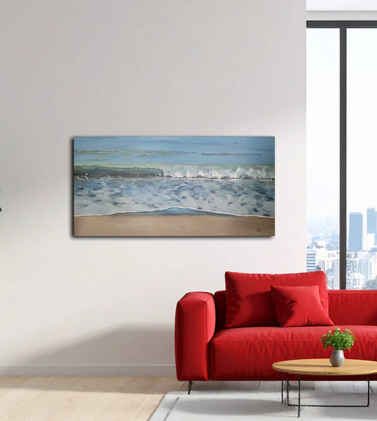 Große Welle von Britta Kröger an der Wand – Original-Acrylgemälde, 100x50 cm, maritimes Panoramaformat, signiertes Unikat | Kunst-Direkt.de
