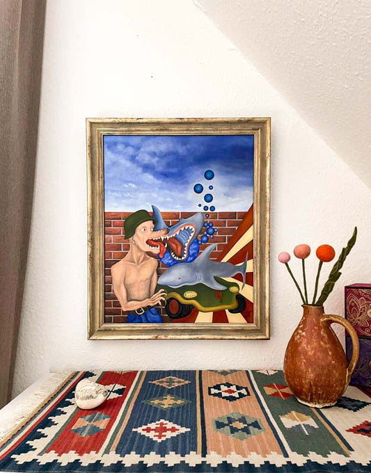 Ölgemälde auf HDF Platte, Haimann, Mann mit Hundkopf, 2 Haie, Surreale Kunst von Jochen Meyer, 57 x 47 cm, Kunst-Direkt.de, an wand hängend