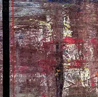 Eine Detaiansicht des Kunstwerkes Jami, es zeigt abstrakte Strukturen in dunklem rot und etwas weiß