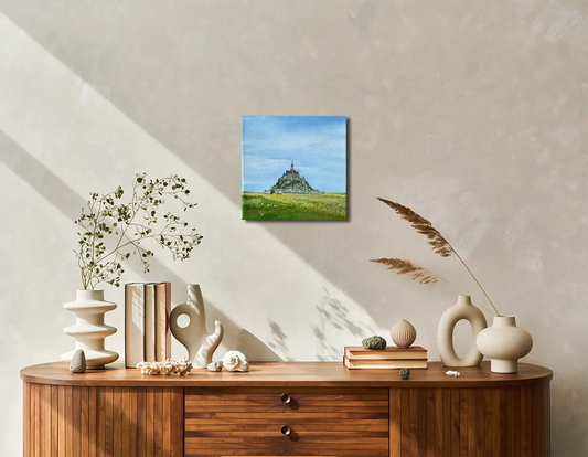 Miniaturbild Le Mont-Saint-Michel, Ölgemälde 15 x 15 cm, blauer Himmel, der Berg, grüne Wiese bei Ebbe, an wand hängend, Gerd Pfanstiel. Kunst-Direkt.de