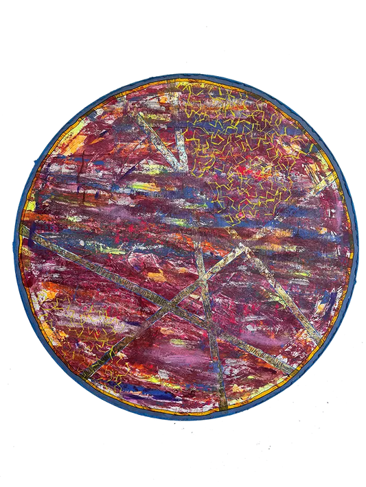 Das runde abstrakte Kunstwerk mit Farbverwischungen und hellen Streifen, dunkler umlaufender Rand, Streifen ziehen quer über das Gemälde.