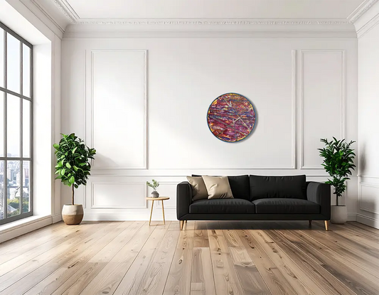 Das runde abstrajte Bild Leif hängt an einer hellen Wand in einem modernen Wohnraum mit schwarzem Sofa