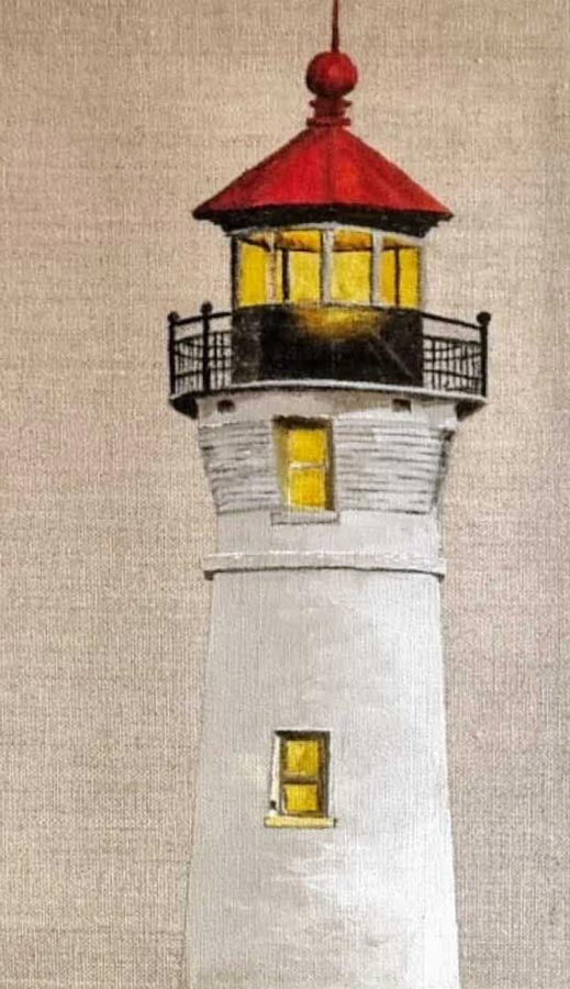 Detailaufnahme des gerahmten Acrylgemäldes "Leuchtturm Crisp Point" der Künstlerin Sara Schubert , 70x30cm