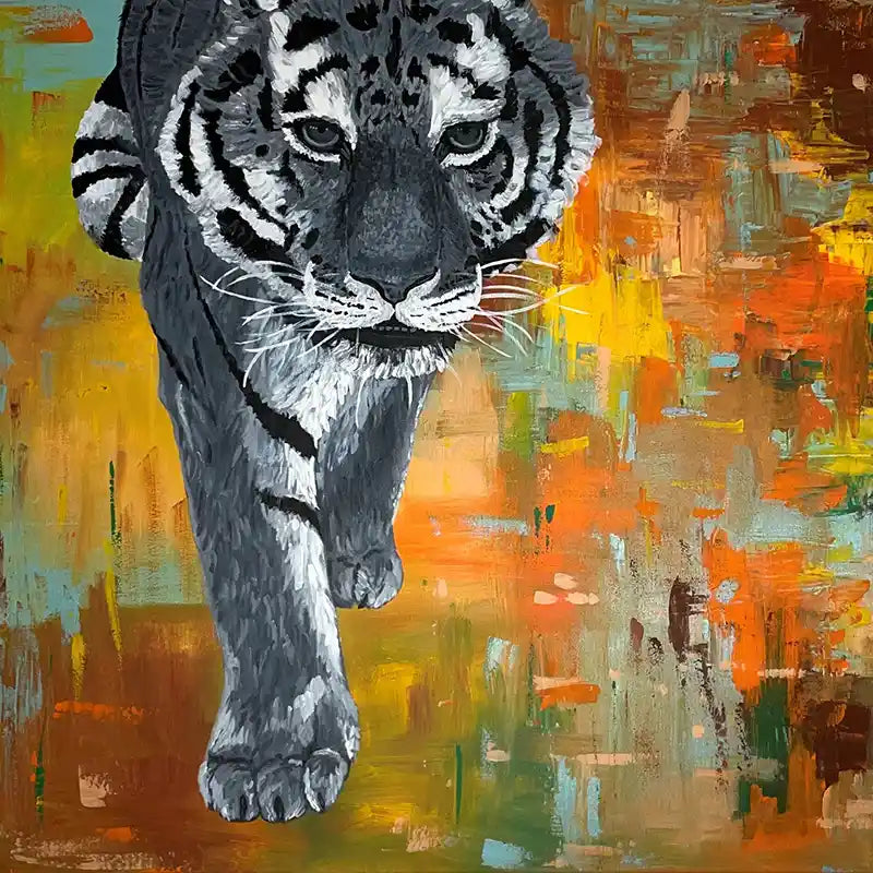 Acrylgemälde eines Tigers vor farbigem Hintergrund, Quadratisch