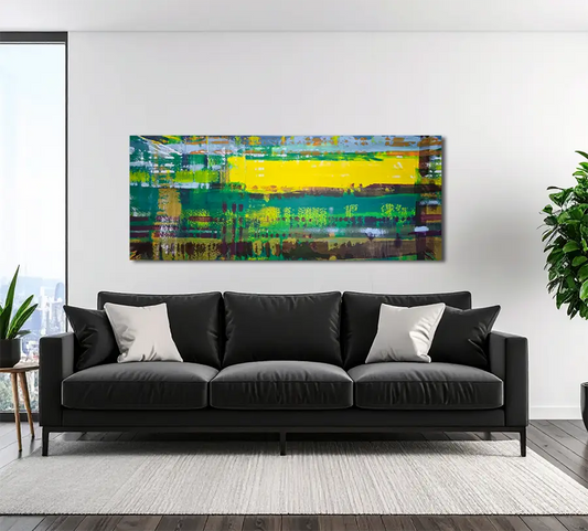 Morgentau - Handsigniertes Acrylgemälde an Wand, horizontale Schichtung mit Grün- und Gelbtönen