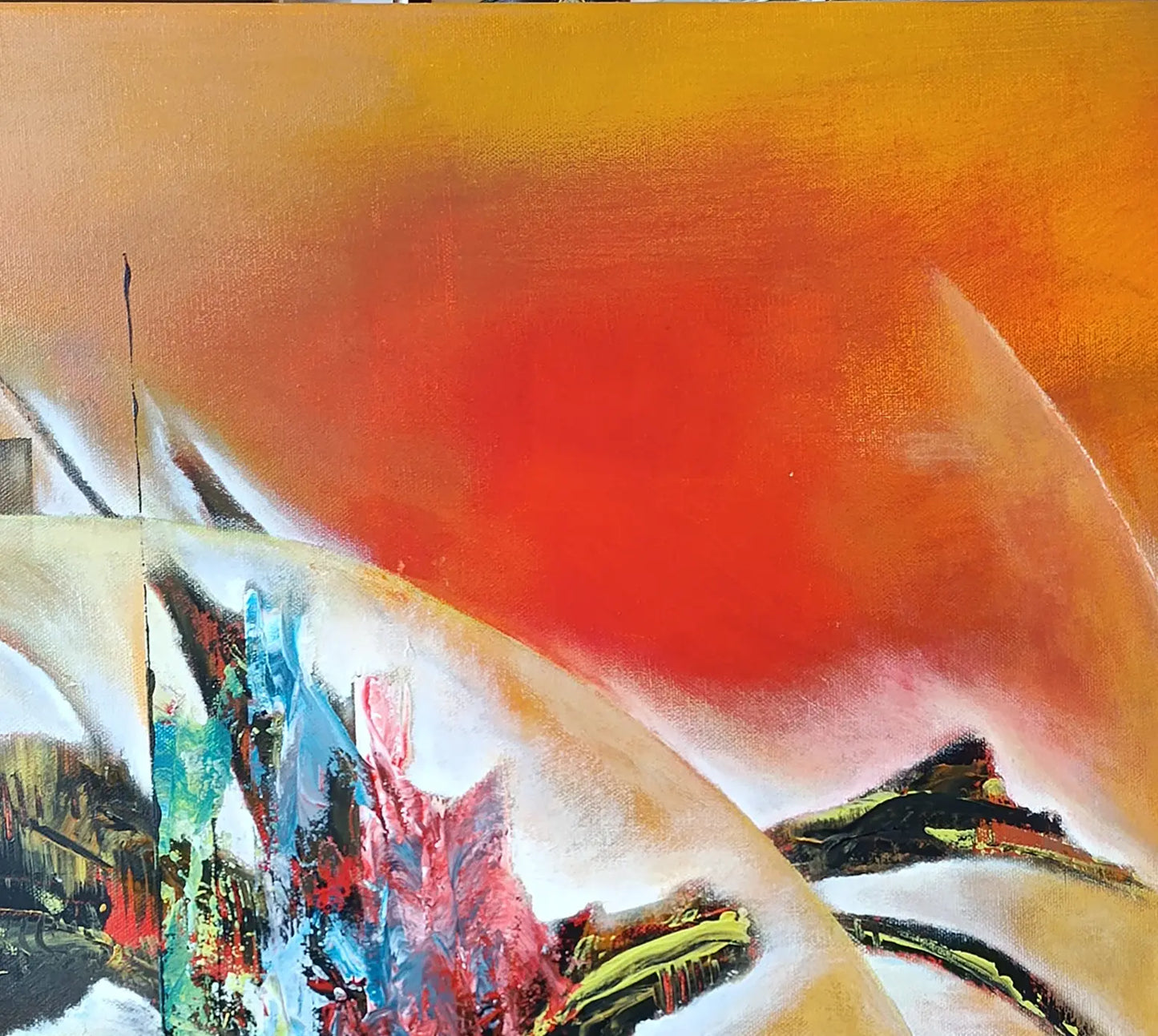 Original Acrylgemälde Ohne Titel von Lothar Bergmann – Quadratische abstrakte Kunst mit Sphären und Farbexplosion 80x80 cm, Detailansicht 2, Kunst-Direkt.de / Newart.gallery