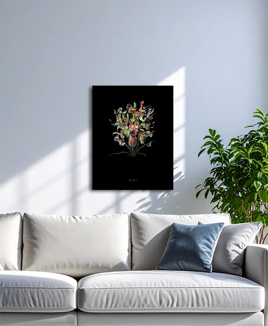 Orchideen von Gero Paul an der Wand – Botanischer Fineart Print, 70x90 cm, Alu-Dibond, Dark Nature | Kunst-Direkt.de