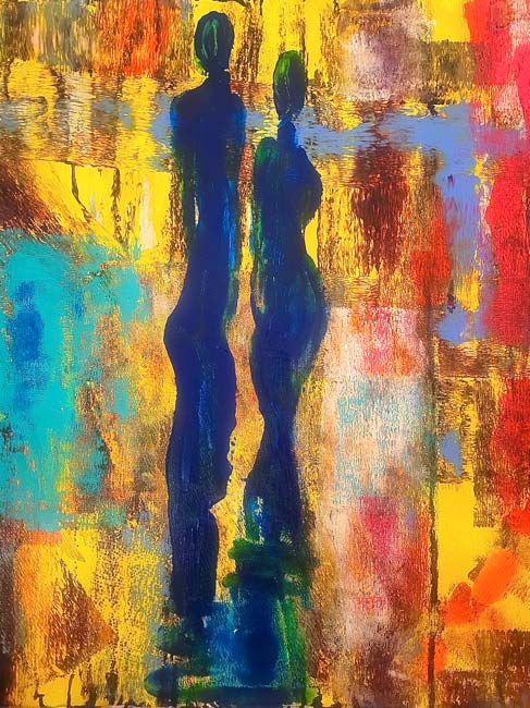 abstrakte Darstellung von zwei Personen in der Bildmitte,  Acrylgemälde auf Leinwand von Annette Murphy