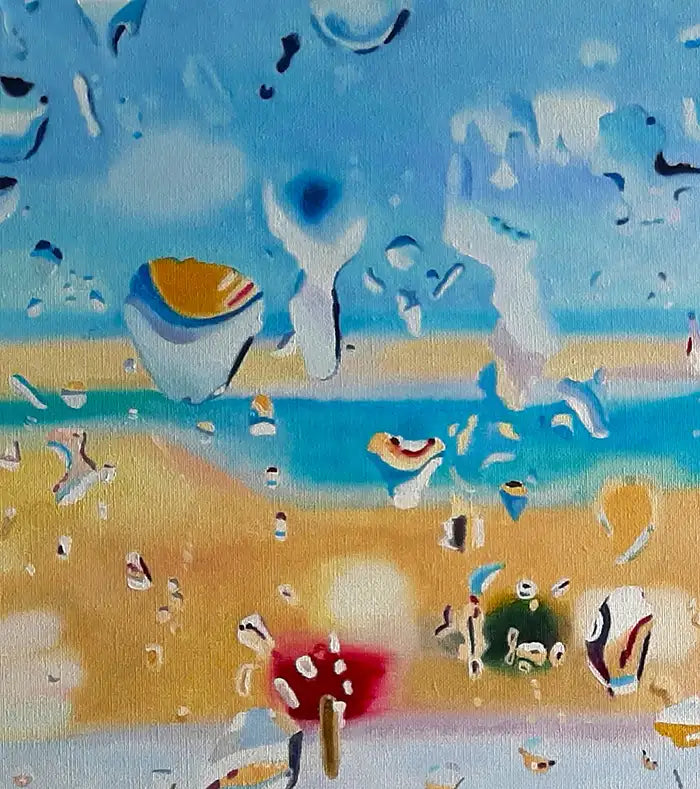 Ölgemälde, Querformat, Strand im Regen mit Tropfen auf einer Scheibe, eine Person mit roter Jacke ist zu sehen, Detail der Tropfen