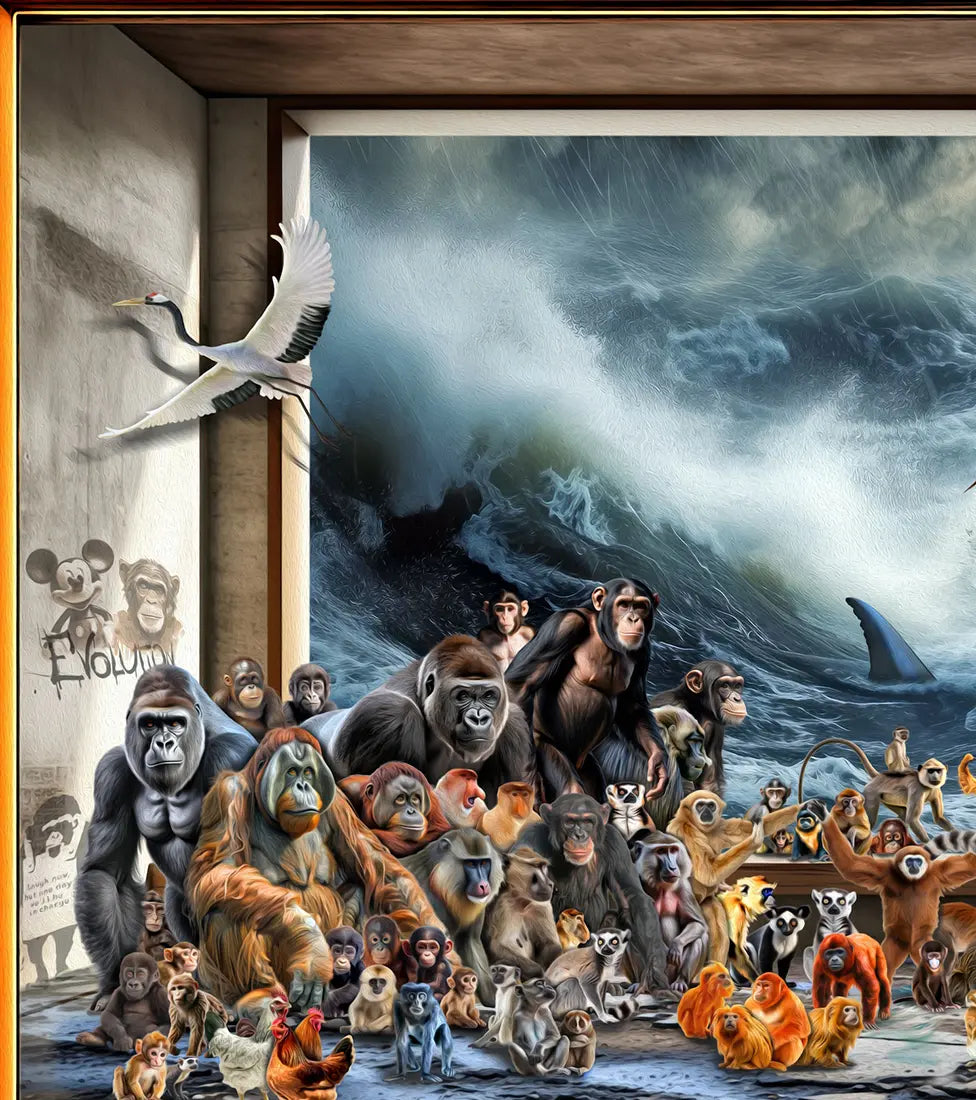 Detailaufnahme Remigration – Surreales Ufer mit Primaten und phantastischen Wesen, digitale Collage, Gero Paul | Kunst-Direkt.de