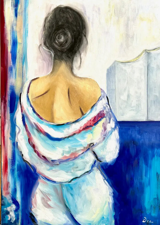 Eine Frau blickt voller Sehnsucht auf die stilisierte Elbphilharmonie in Hamburg, Ölgemälde, 50 x 70 cm, Dea Theinert, Kunst-Direkt.de