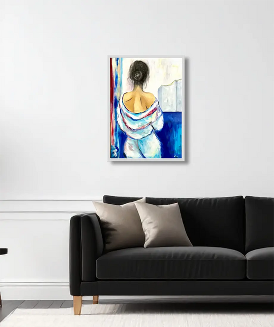 Eine Frau blickt voller Sehnsucht auf die stilisierte Elbphilharmonie in Hamburg, Ölgemälde, an Wand hängend, 50 x 70 cm, Dea Theinert, Kunst-Direkt.de