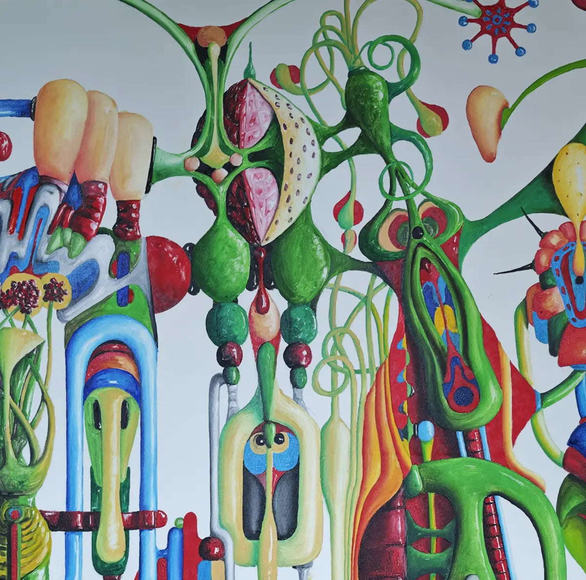 Detailaufnahme Sirius 2 – Kosmische Symbole in Rot und Blau, stachelige Fruchtkörper, plastische Dreidimensionalität, Dieter Roth | Kunst-Direkt.de