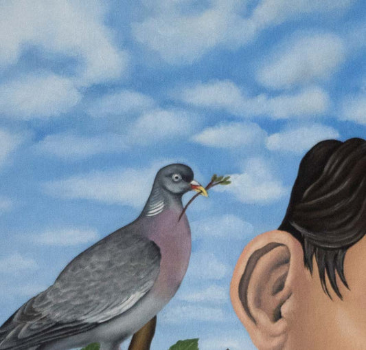 Taube an menschlichem Ohr, Taube Ohren ist ein surrealistisches Ölgemälde von Jochen Meyer, 47 x 37 cm, Kunst-Direkt.de, detailansicht