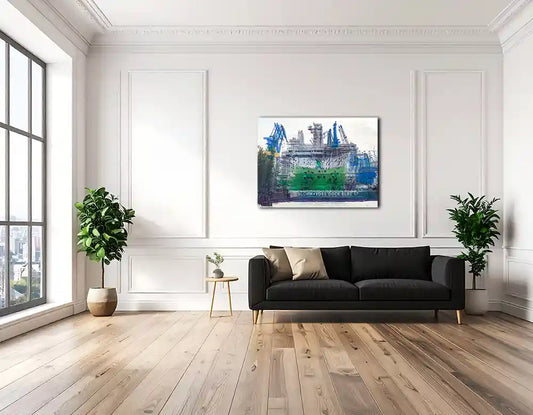 grünes Schiff im Dock Elbe 17 mit Überlagerungen in elegantem Wohnraum hängend, Sofa, Pflanzen