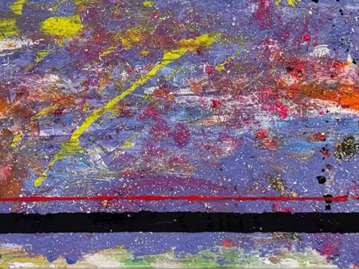 ein abstraktes Gemälde im querfomat, gelbe und violette Strukturen, Spachtelspuren, Details des schwarzen Striches