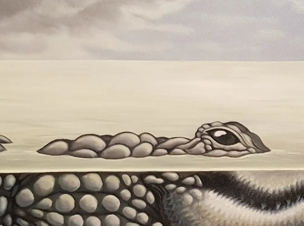 Detailaufnahme U-Ligator – Winziges U-Boot passiert gigantischen Alligator-Kiefer, surreales Spiel, Julia Eckler | Kunst-Direkt.de