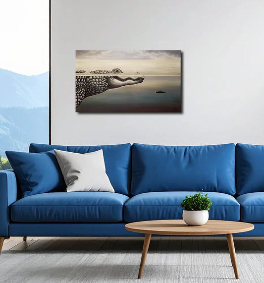 U-Ligator von Julia Eckler an der Wand – Surrealistisches Ölgemälde, 100x60 cm, Öl auf Leinwand | Kunst-Direkt.de