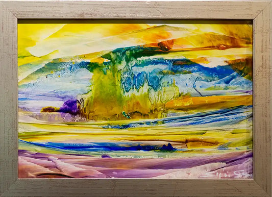 abstraktes Gemälde in Gelb, Blau, violett und grün, in goldenem Rahmen, horizontale Streifen