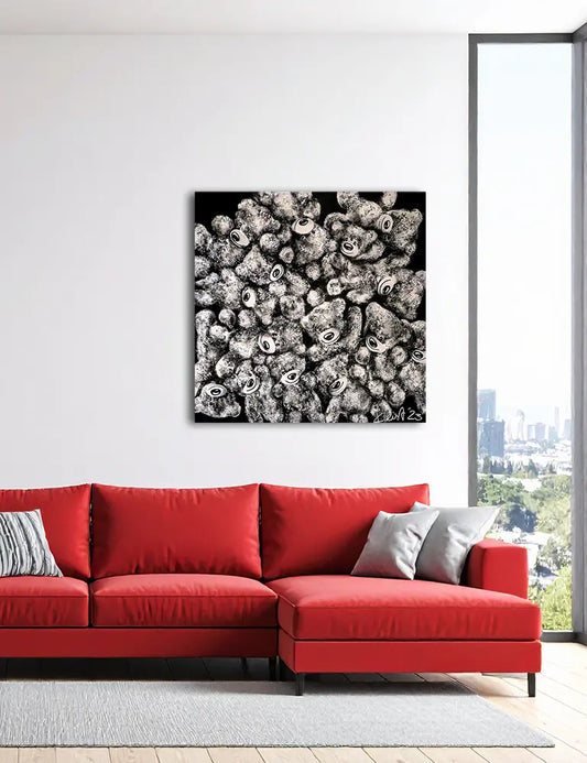 Wir sind viele von Ute Kleist an der Wand – Monochromes Gemälde, 120x120 cm, Teddybären in Schwarz-Weiß | Kunst-Direkt.de