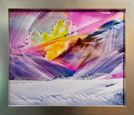Abstraktes  Gemälde mit Winterstimmung, im goldenen Rahmen, Farben violett, blau und Gelb.