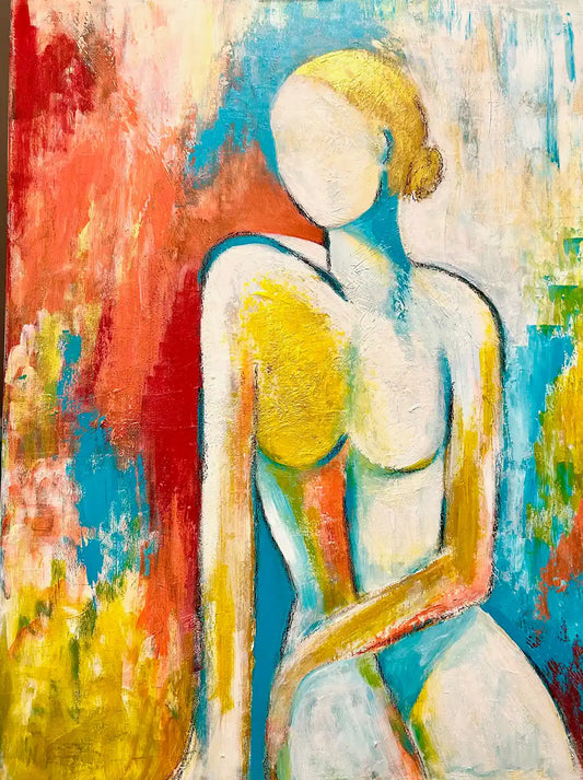Modernes Acrylgemälde "Woman with a heart of gold" von Künstlerin Dea: Weibliche Silhouette mit goldenen Akzenten auf Brust und Haar, 60x80 cm Unikat.