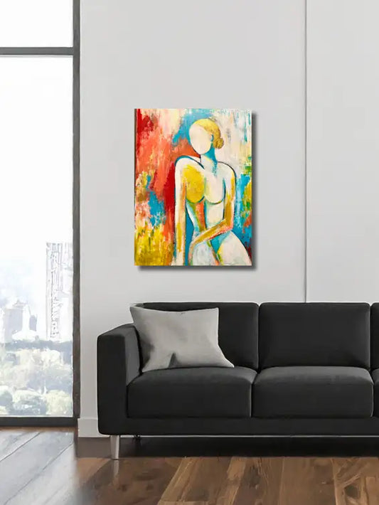 Modernes Acrylgemälde "Woman with a heart of gold" von Künstlerin Dea: Weibliche Silhouette mit goldenen Akzenten auf Brust und Haar, 60x80 cm Unikat. An wand hängend