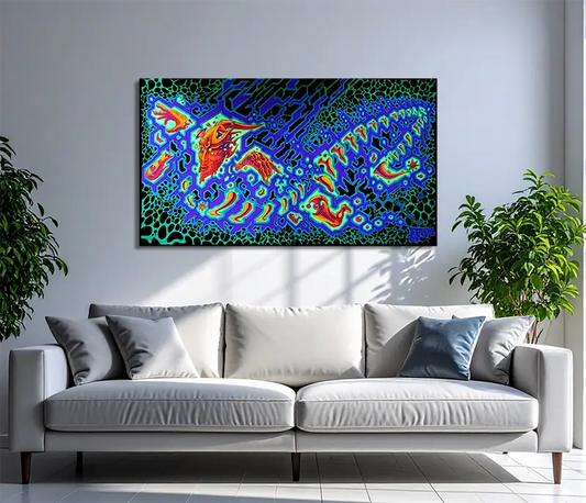 fineart Print, Neonfarben blau, grün, orange, ein blauer Schamane sitzt vor einem Baum, an wand, Phantasielandschaft, 160 x 90 cm, Felix Stöver, Kunst-Direkt.de