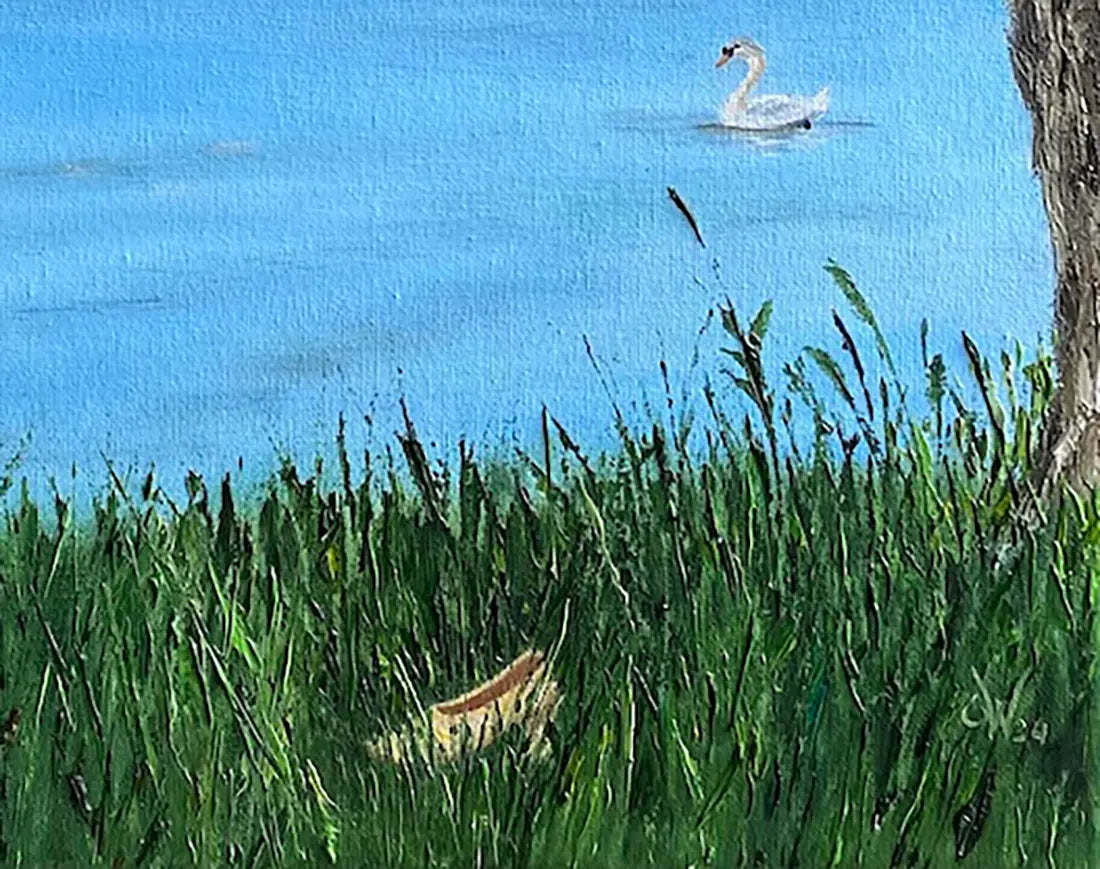 ölgemälde, Schloss Moritzburg, Legende der goldene Schuh, schloss mit see und Schwan und goldenem Schuh, detail schuh, 80x60cm, Gerd Pfanstiel, Kunst-Direkt.de