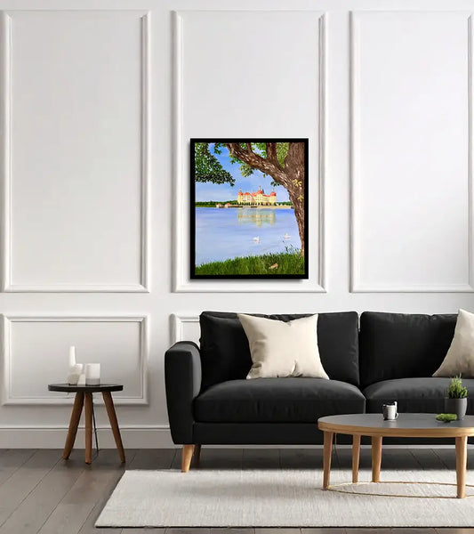 ölgemälde, Schloss Moritzburg, Legende der goldene Schuh, schloss mit see und Schwan und goldenem Schuh, an Wand hängend, 80x60cm, Gerahmt, Gerd Pfanstiel, Kunst-Direkt.de