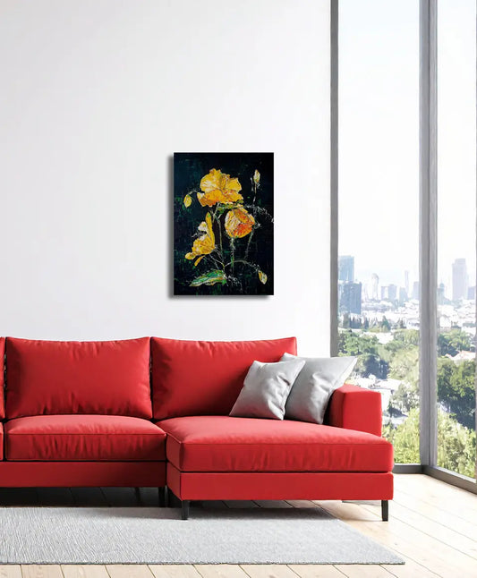 Gelber Mohn von Roger Ziereisen an der Wand – Expressives Blumenstillleben, 70x50 cm, Öl auf Leinwand | Kunst-Direkt.de