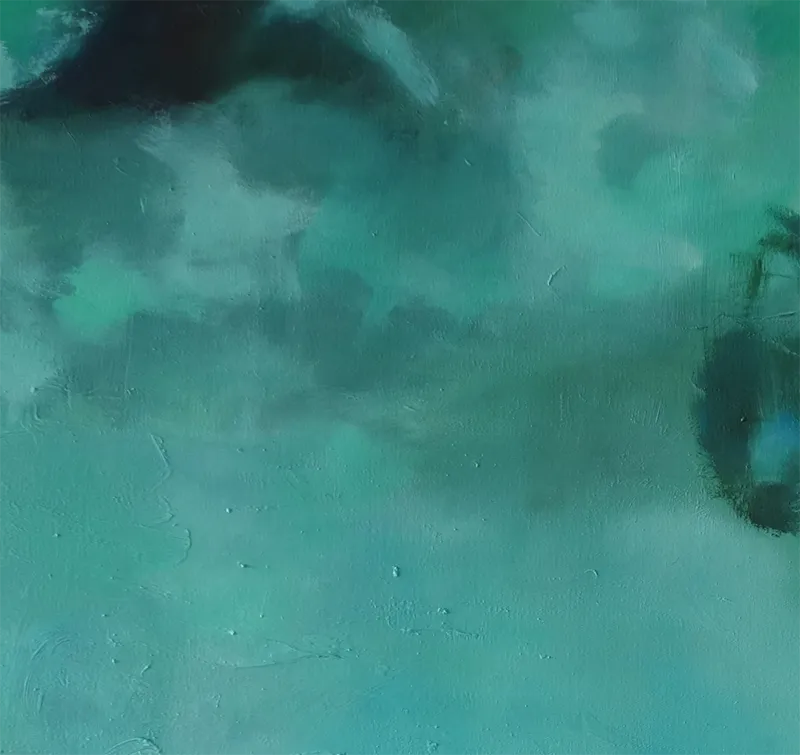 Quadratisches Gemälde des grünen Ozeans, kein Horizont, Lichtreflexe, Details des Wassers