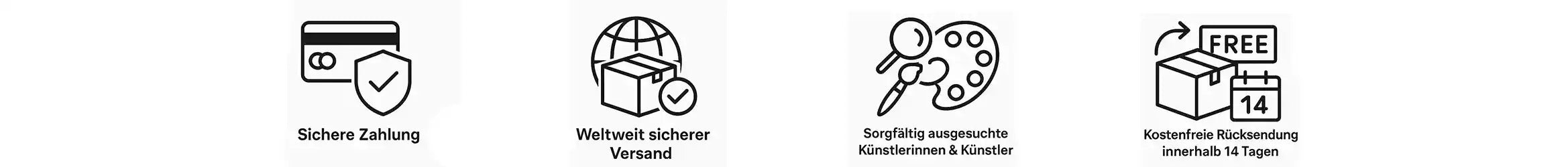 Icons für sichere Zahlung, Versand, Künstler, Rücksendung