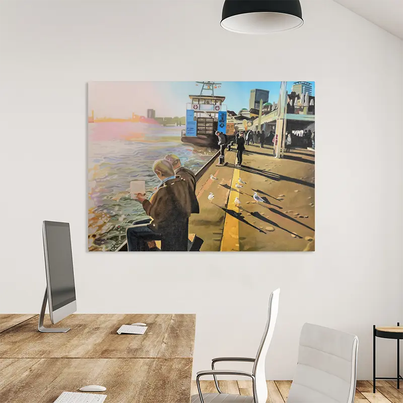 Landungsbrücken Hamburg, Ölgemälde, Bild hängt an einer hellen Wand mit Tisch