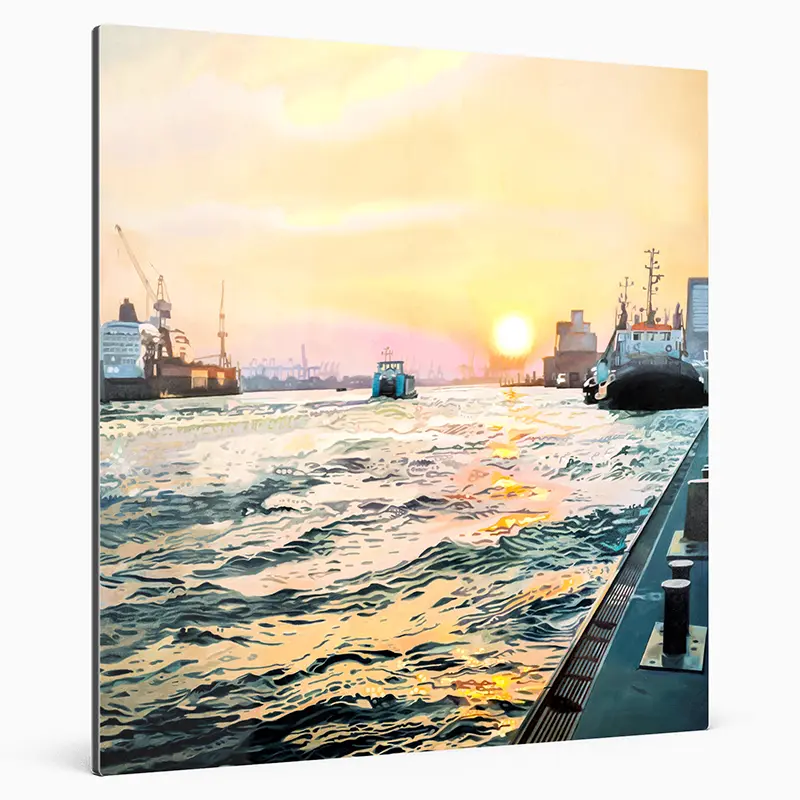Motiv Hafen im Abendlicht mit Fähre auf der Elbe, Ansicht schräg von links