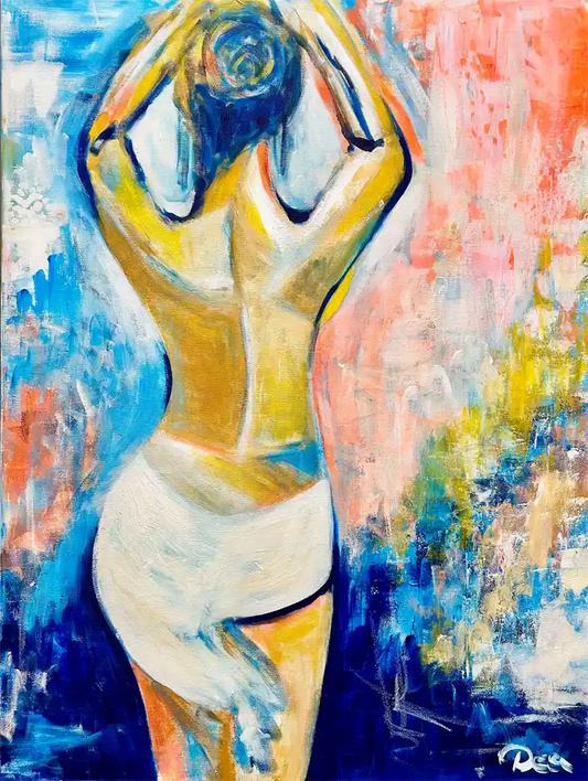 Modernes Acrylgemälde einer weiblichen Silhouette von hinten von Künstlerin Dea: Lebhafter Farbauftrag in Blau, Rosa und Gold, 60x80 cm Unikat.