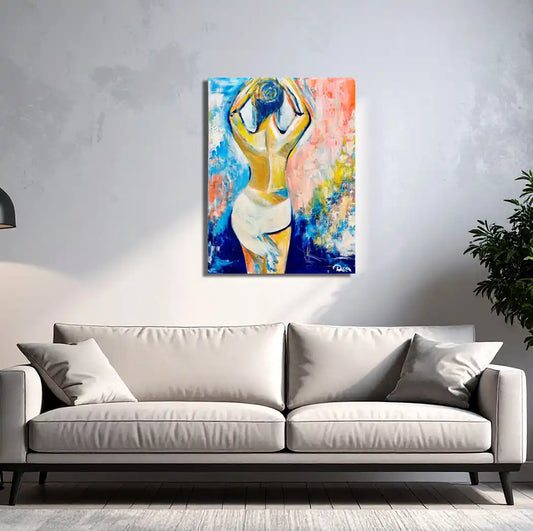 Modernes Acrylgemälde einer weiblichen Silhouette von hinten von Künstlerin Dea: Lebhafter Farbauftrag in Blau, Rosa und Gold, 60x80 cm Unikat. An wand hängend