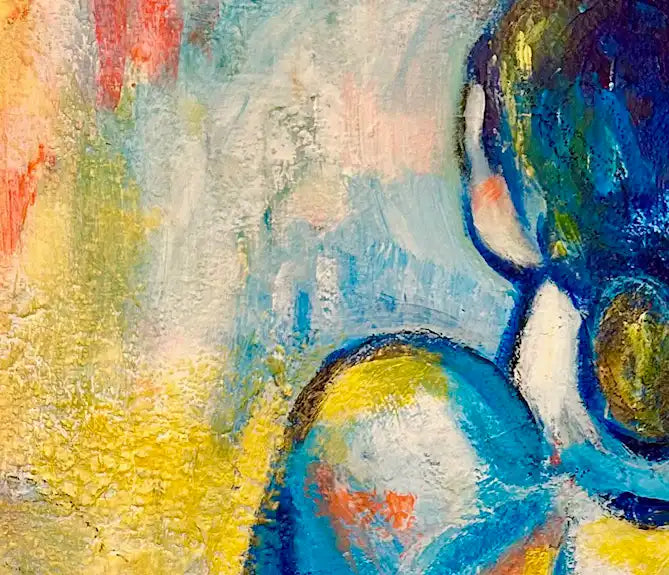 Modernes Acrylgemälde einer weiblichen Silhouette "von der Seite" von Künstlerin Dea: Strukturierter Farbauftrag in Blau, Gelb und Rot, 60x60 cm Unikat. detail struktur