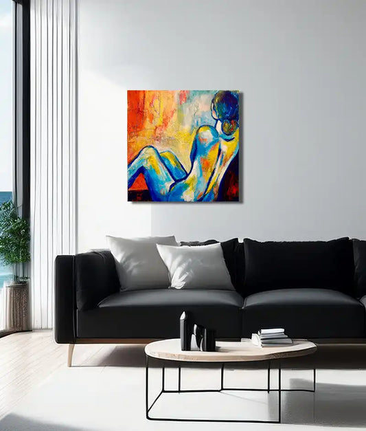 Modernes Acrylgemälde einer weiblichen Silhouette "von der Seite" von Künstlerin Dea: Strukturierter Farbauftrag in Blau, Gelb und Rot, 60x60 cm Unikat. an wand hängend