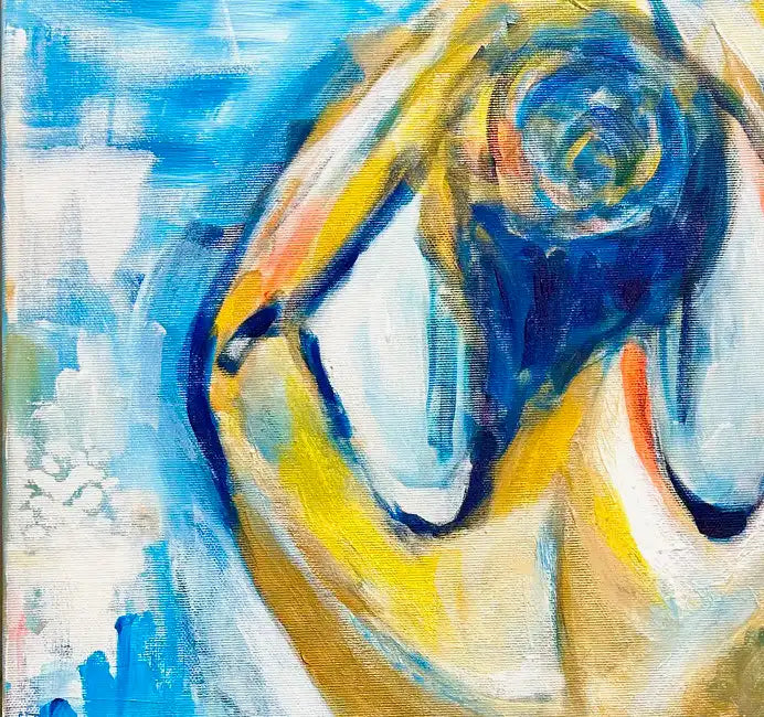 Modernes Acrylgemälde einer weiblichen Silhouette von hinten von Künstlerin Dea: Lebhafter Farbauftrag in Blau, Rosa und Gold, 60x80 cm Unikat. Detail figur